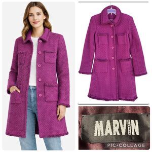 Vintage 90s Y2K Marvin Richards Burgundy Magenta Tweed Woven Coat Trim Lined Col